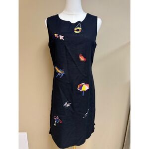 Citi Dress Black Sleeveless Beach Theme Embroidered Linen Viscose Dress Vintage
